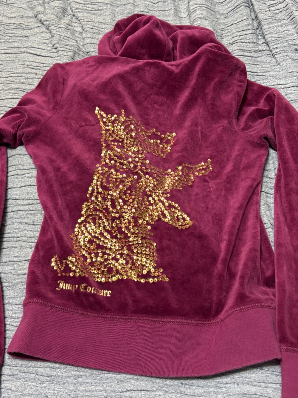 Juicy Couture Velour Zip-Up Hoodie | Burgundy Red | Gold Sequin Crown | Size S |